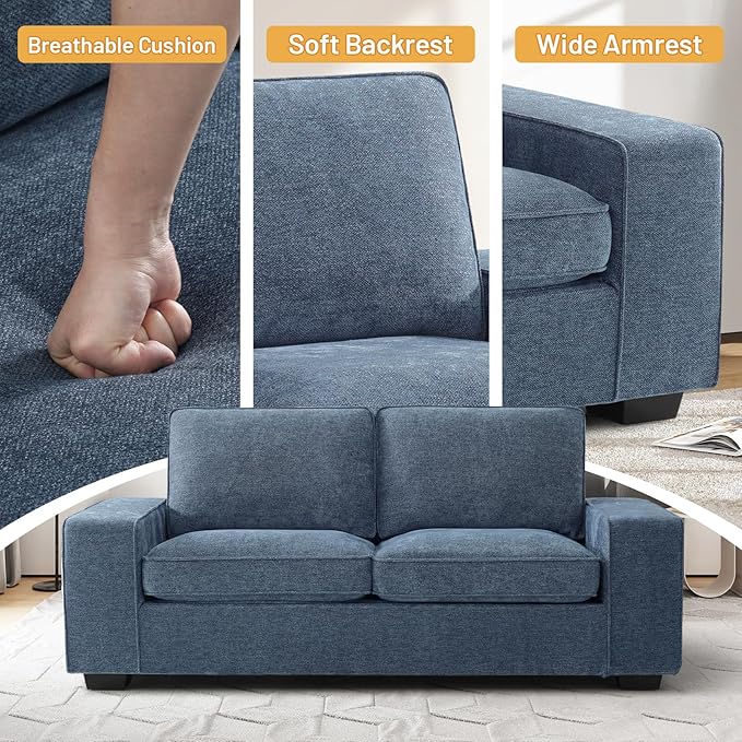 EASELAND 71" Loveseat, Small Chenille Loveseat for Small Spaces, 2-Seater Modern Deep Seat Couch with Removable Back and Cushions, Lounge Sofa for Bedroom with Wood Legs and Fluffy Armrest (Blue) - LeafyLoom
