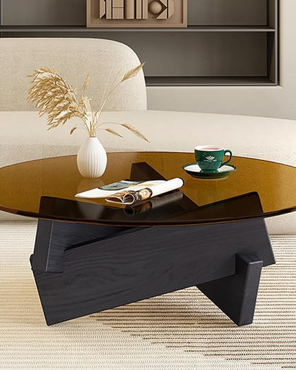 Coffee Table, Round Coffee Table for Living Room Modern Glass Coffee Table with Solid Wood Legs Farmhouse Mid Century Center Table Large Circle Cocktail Table (Black + Brown, 35.4in) - LeafyLoom