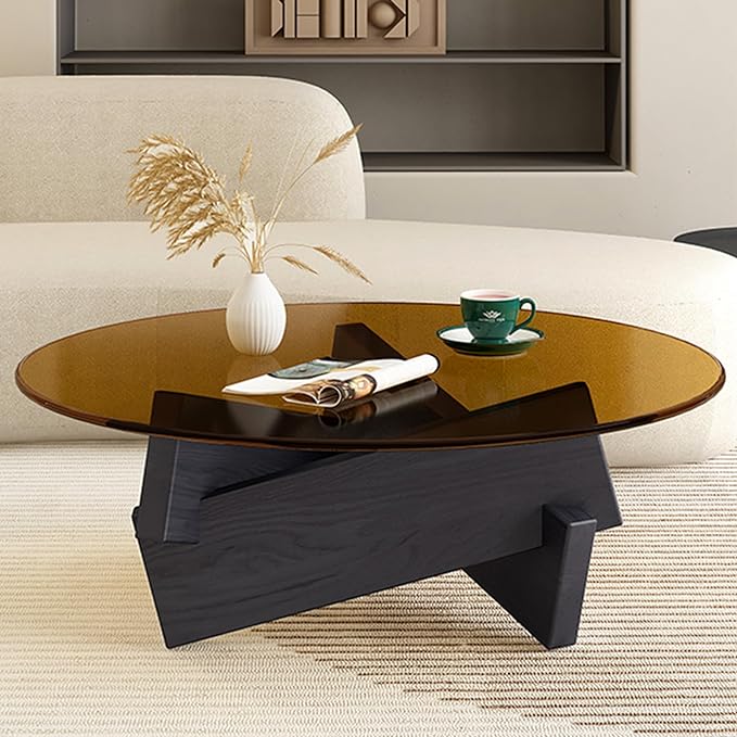 Coffee Table, Round Coffee Table for Living Room Modern Glass Coffee Table with Solid Wood Legs Farmhouse Mid Century Center Table Large Circle Cocktail Table (Black + Brown, 35.4in) - LeafyLoom