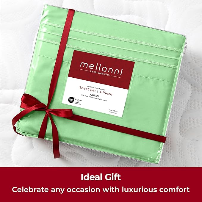 Mellanni California King Sheets Set - 4 PC Iconic Collection Bedding Sheets & Pillowcases - Hotel Luxury, Extra Soft, Cooling Bed Sheets - Deep Pocket up to 16 inch (Cal King, Pistachio) - LeafyLoom