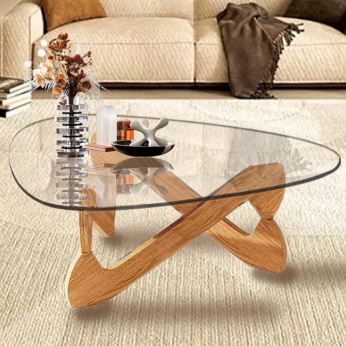 Triangle Coffee Table Glass Coffee Table for Living Room Clear Glass Coffee Table with Solid Wood Base Mid Century Modern Coffee Table for Small Spaces (Wood-Transparent, 44.9in) - LeafyLoom