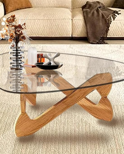 Triangle Coffee Table Glass Coffee Table for Living Room Clear Glass Coffee Table with Solid Wood Base Mid Century Modern Coffee Table for Small Spaces (Wood-Transparent, 35.8in) - LeafyLoom