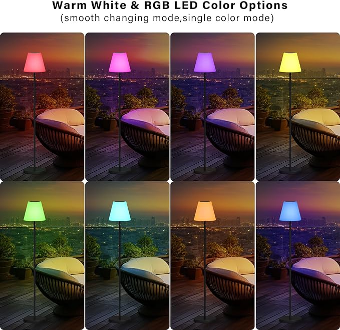 Solar Floor Lamp Indoor&Outdoor Lamps for Patio, IP44 Waterproof USB Rechargeable Indoor Cordless Floor Lamp with Light Sensor, Dimmable Warm White+RGB LED Outdoor Floor Lamp for Lawn Yard Garden - LeafyLoom