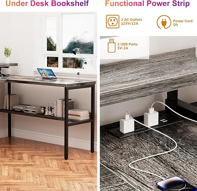Customizable U Shaped Computer Desk with Adjustable Monitor Stand, Reversible L Shaped Gaming Desk with Power Outlet and Smart LED Light, Sturdy Office Desk with Storage Shelves, Black Oak - LeafyLoom