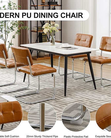 Forevich Mid Century Modern Dining Chairs Set of 2, Leather Kitchen Dining Room Side Chairs Upholstered Armless Accent Chairs with Metal Chrome Legs for Living Room, Bedroom Brown - LeafyLoom
