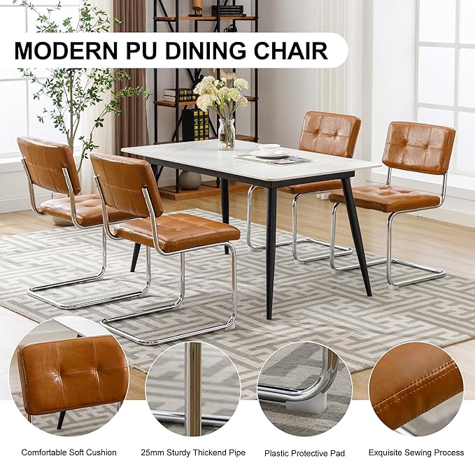 Forevich Mid Century Modern Dining Chairs Set of 2, Leather Kitchen Dining Room Side Chairs Upholstered Armless Accent Chairs with Metal Chrome Legs for Living Room, Bedroom Brown - LeafyLoom