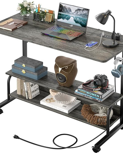 39" Height Adjustable Standing Desk with Power Outlets - Manual Rolling Stand Up Desk with Wheels Small Portable Computer Desk Mobile Laptop Table with Storage Shelves for Home Office, Grey Oak - LeafyLoom