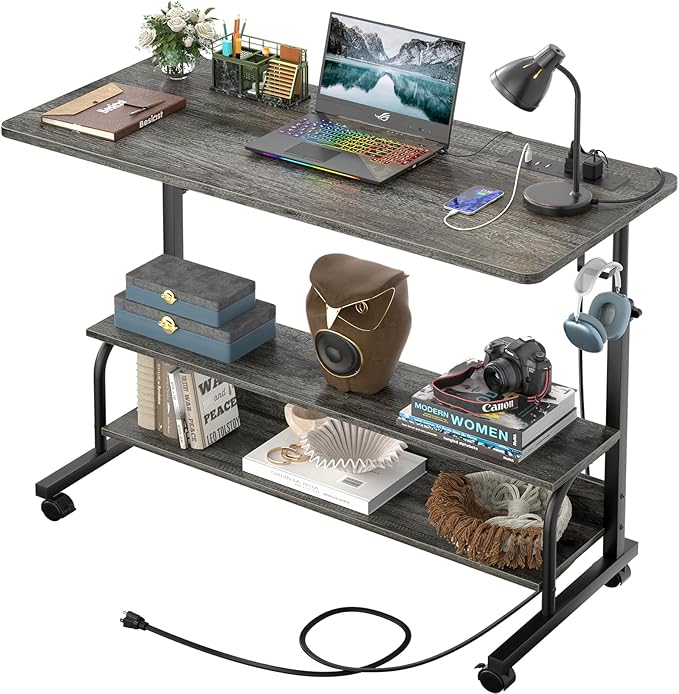 39" Height Adjustable Standing Desk with Power Outlets - Manual Rolling Stand Up Desk with Wheels Small Portable Computer Desk Mobile Laptop Table with Storage Shelves for Home Office, Grey Oak - LeafyLoom