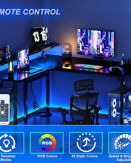 DlandHome Reversible L-Shaped Desk with Monitor Stand,LED Lighting Computer Desk with Power Outlets,Home Office Table Computer Workstation, Black - LeafyLoom
