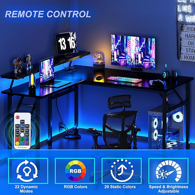 DlandHome Reversible L-Shaped Desk with Monitor Stand,LED Lighting Computer Desk with Power Outlets,Home Office Table Computer Workstation, Black - LeafyLoom