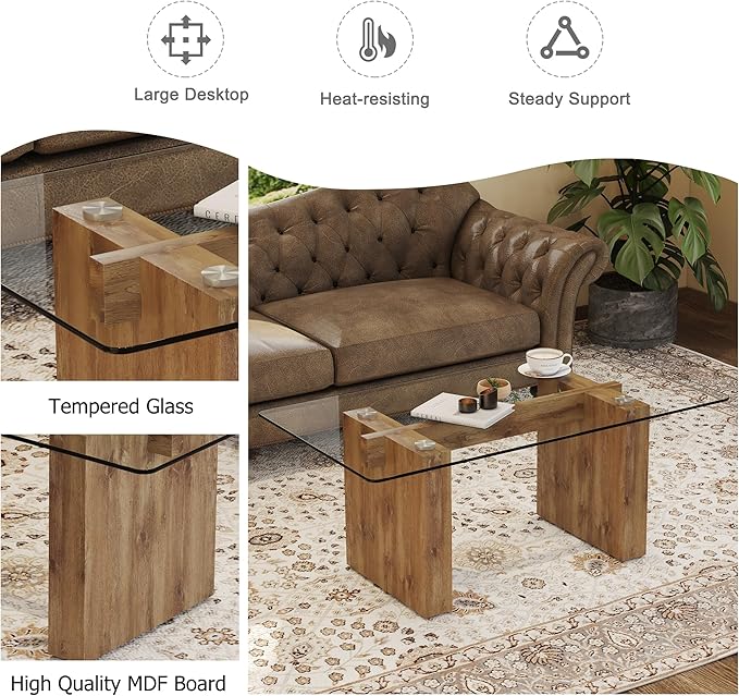 NicBex 43.3Inch Rectangular Dining Table,Modern Kitchen Table with Tempered Glass Tabletop and Wood MDF Legs for 4 to 6,Dining Room Table for Kitchen,Meeting Room and Living Room,Easy Clean,Wood - LeafyLoom