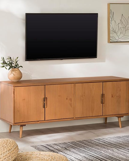 Walker Edison Genia Mid-Century Modern Solid Wood Stand for TVs up to 65 Inches, Caramel - LeafyLoom