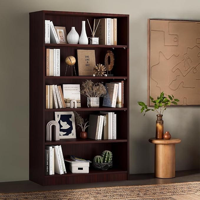 Soohow Mahogany Bookcase,Bookshelf for Bedroom,60 inches Tall Wood Book case Book Shelves,5 Shelf Book Shelves for Living Room Office - LeafyLoom