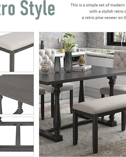 Dining Table Set for 6, 6-Piece Dining Table and Chair Set with Special-Shaped Legs and Foam-Covered Seat Backs & Cushions, Dining Room Table Set for Living Room, Grey+Beige - LeafyLoom