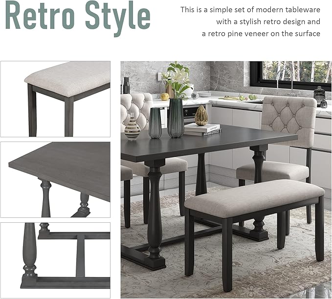 6-Piece Retro Style Dining Table Set with Special-Shaped Legs, 4 Chairs, 1 Bench, Foam-Covered Seat Backs, and Cushions, Gray, Onesize - LeafyLoom