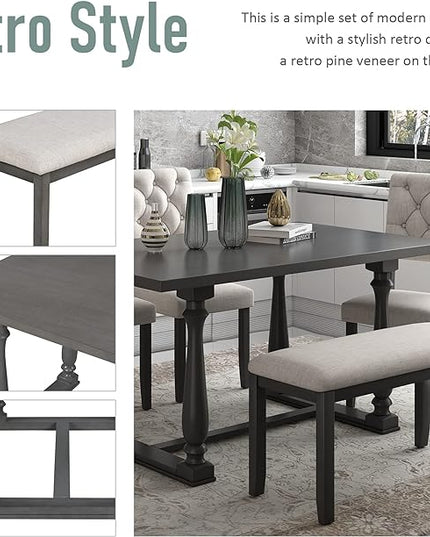 6-Piece Dining Table and 4 Chairs and Bench Set Foam-covered Seat Backs&Cushions for Kitchen Living Room, Gary, 60" L x 36" W x 30" H, Gray(Special-shaped Legs) - LeafyLoom