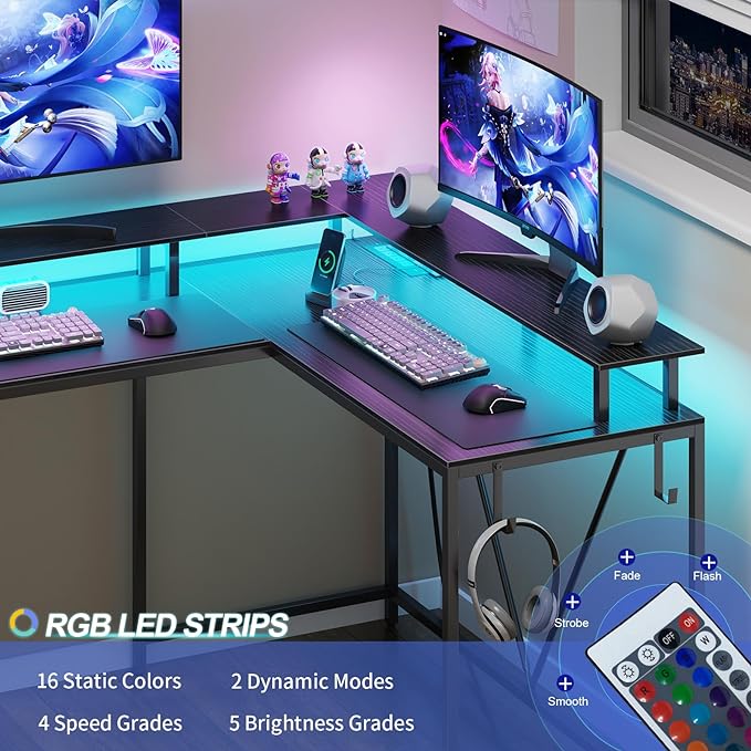 L Shaped Gaming Desk with Power Outlets & LED Lights, Computer Desk with Monitor Stand & Storage Shelf, Home Office Desk Corner Desk with Hooks, Easy to Assemble, Black - LeafyLoom