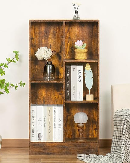 LEYAOYAO 5 Cube Mid-Century Modern Brown Wood Bookcase, 3 Tier Storage Organizer Shelf, Rustic Display Cabinet for Bedroom, Living Room, Office - LeafyLoom