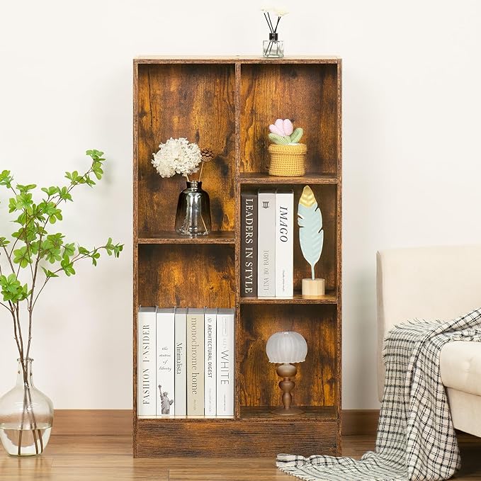 LEYAOYAO 5 Cube Mid-Century Modern Brown Wood Bookcase, 3 Tier Storage Organizer Shelf, Rustic Display Cabinet for Bedroom, Living Room, Office - LeafyLoom