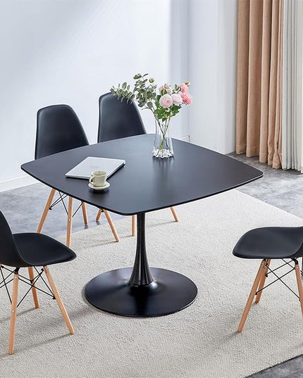 42 inch Black Square Pedestal Table for 4-6 Person, Mid Century Modern Table for Kitchen Dining Room - LeafyLoom