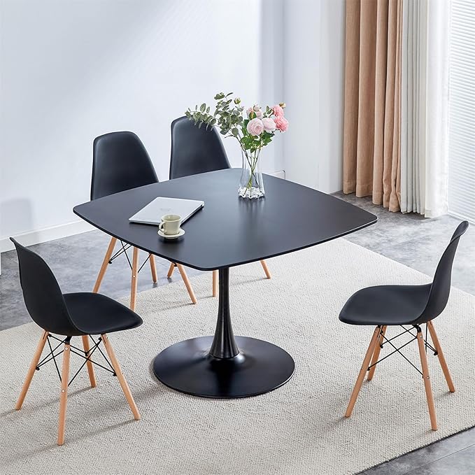 42 inch Black Square Pedestal Table for 4-6 Person, Mid Century Modern Table for Kitchen Dining Room - LeafyLoom