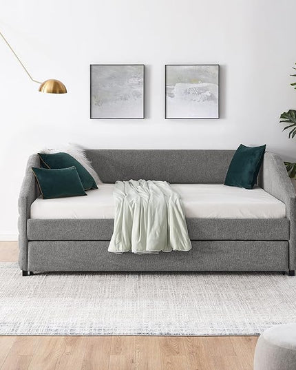 Linen Upholstered Full Size Daybed with Trundle, Solid Wooden Sofa Bedframe w/Pull Out Bed and Tufted Decorate, No Box Spring Needed, for Kids, Bedroom, Dorm - LeafyLoom