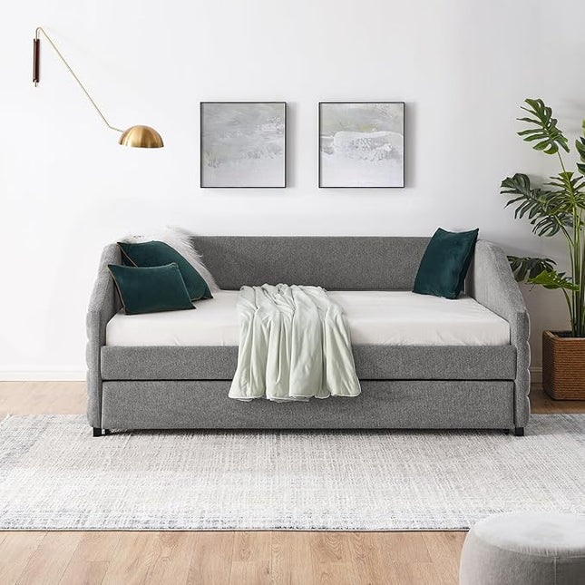 Linen Upholstered Full Size Daybed with Trundle, Solid Wooden Sofa Bedframe w/Pull Out Bed and Tufted Decorate, No Box Spring Needed, for Kids, Bedroom, Dorm - LeafyLoom