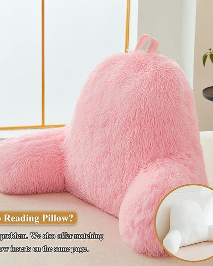 XeGe Faux Fur Reading Pillow Cover (No Filler), Fluffy Back Rest Pillow Case for Sitting in Bed, Adults Kids Girls Shaggy Sit Up Back Support Study Pillow Cover for Couch Chair Home Decoration, Pink - LeafyLoom