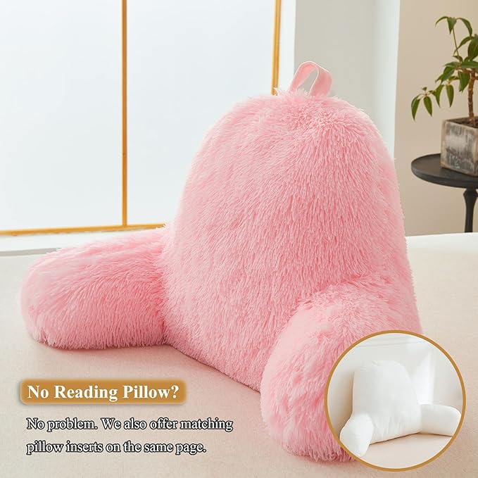 XeGe Faux Fur Reading Pillow Cover (No Filler), Fluffy Back Rest Pillow Case for Sitting in Bed, Adults Kids Girls Shaggy Sit Up Back Support Study Pillow Cover for Couch Chair Home Decoration, Pink - LeafyLoom