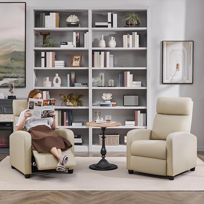Yaheetech Modern Fabric Recliner Chair Sofa Adjustable Single Sofa with Thicker Seat Cushion and Backrest for Living Room Home Theater, Beige - LeafyLoom