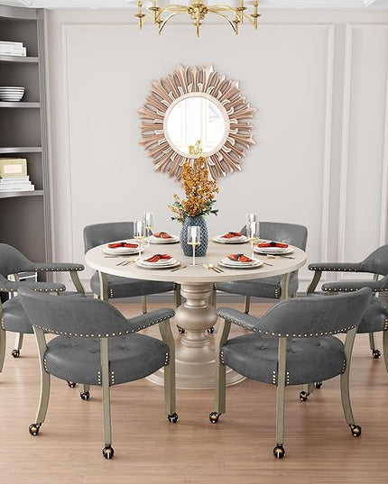 Dining Chairs with Casters and Arms, Large Rolling Dining Chairs with Wheels, Wood Boss Caption's Chairs, 26" D x 25.2" W x 31.5" H, Grey Legs & Dark Grey Fabric SY-1318-GY - LeafyLoom