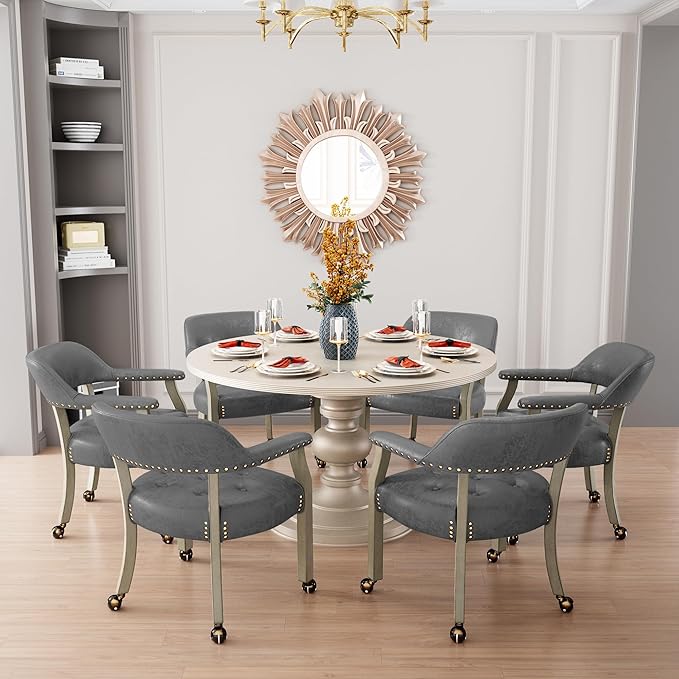 Dining Chairs with Casters and Arms, Large Rolling Dining Chairs with Wheels, Wood Boss Caption's Chairs, 26" D x 25.2" W x 31.5" H, Grey Legs & Dark Grey Fabric SY-1318-GY - LeafyLoom