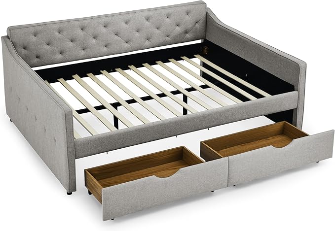 Queen Size Upholstered Tufted Daybed with Two Pull Out Drawers Bed, Button Polyester on Back, Waved Shape Arms for Bedroom, Living Room,No Need Boxing Spring - LeafyLoom