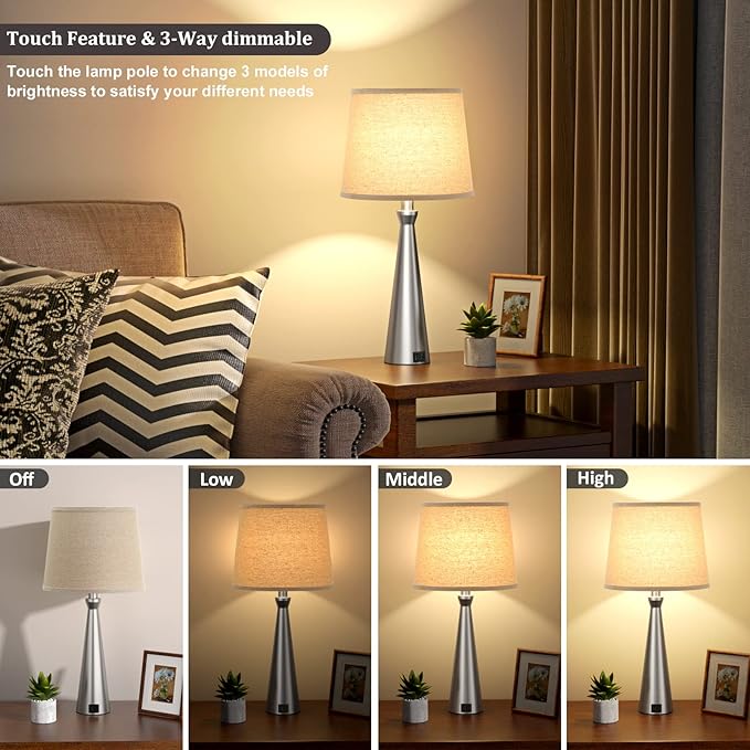Acaxin Lamps for Bedrooms Set of 2 - Nightstand Lamps with USB C Port Charging, 3 Way Dimmable Touch Small Bed Side Table Lamp, Beige Night Stand Light for Kids/Guest Room - LeafyLoom