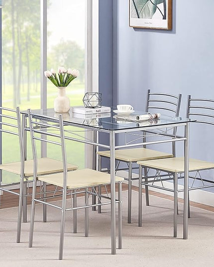 VECELO 5 Piece Dining Table Set for 4 with Chairs, Glass Top, Small Space, Silvery - LeafyLoom