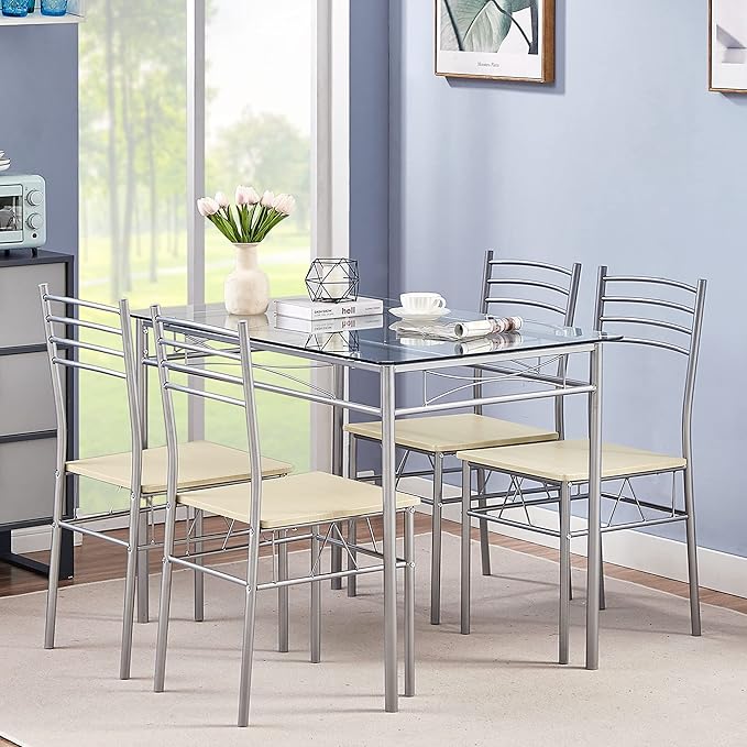 VECELO 5 Piece Dining Table Set for 4 with Chairs, Glass Top, Small Space, Silvery - LeafyLoom