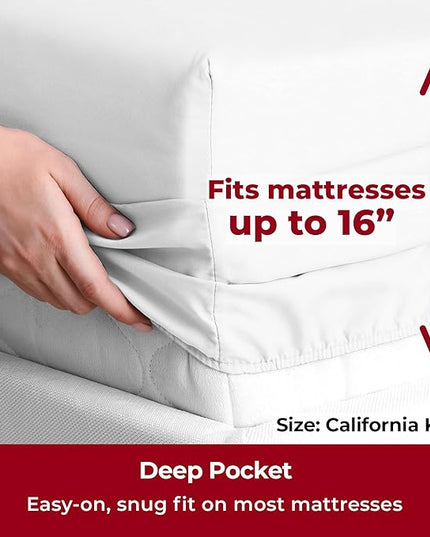 Mellanni California King Sheets Set - 4 PC Iconic Collection Bedding Sheets & Pillowcases - Hotel Luxury, Extra Soft, Cooling Bed Sheets - Deep Pocket up to 16 inch (Cal King, White) - LeafyLoom