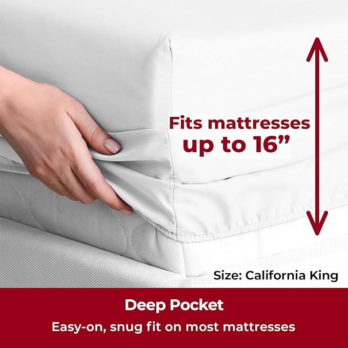Mellanni California King Sheets Set - 4 PC Iconic Collection Bedding Sheets & Pillowcases - Hotel Luxury, Extra Soft, Cooling Bed Sheets - Deep Pocket up to 16 inch (Cal King, White) - LeafyLoom
