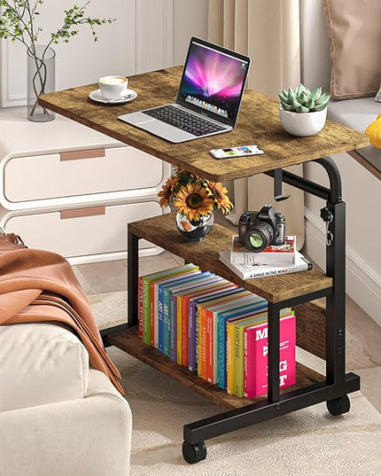 Portable Desk with Storage Shelves, Height Adjustable Desk with Wheels, Small Rolling Desk with Hooks, Standing Desk on Wheels for Home Office, Mobile Computer Table for Small Space - LeafyLoom