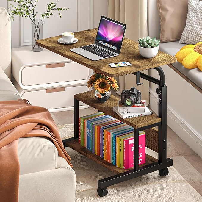 Portable Desk with Storage Shelves, Height Adjustable Desk with Wheels, Small Rolling Desk with Hooks, Standing Desk on Wheels for Home Office, Mobile Computer Table for Small Space - LeafyLoom