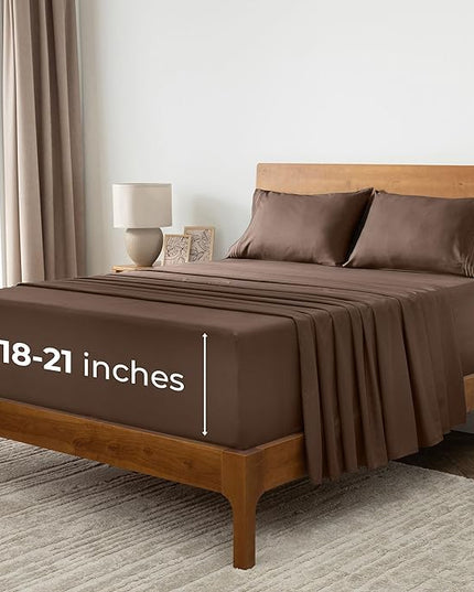 Mellanni Extra Deep King Sheets - 4 PC Iconic Collection Bedding Sheets & Pillowcases - Hotel Luxury, Ultra Soft, Cooling Bed Sheets - Extra Deep Pocket up to 21 inch (King, Brown) - LeafyLoom