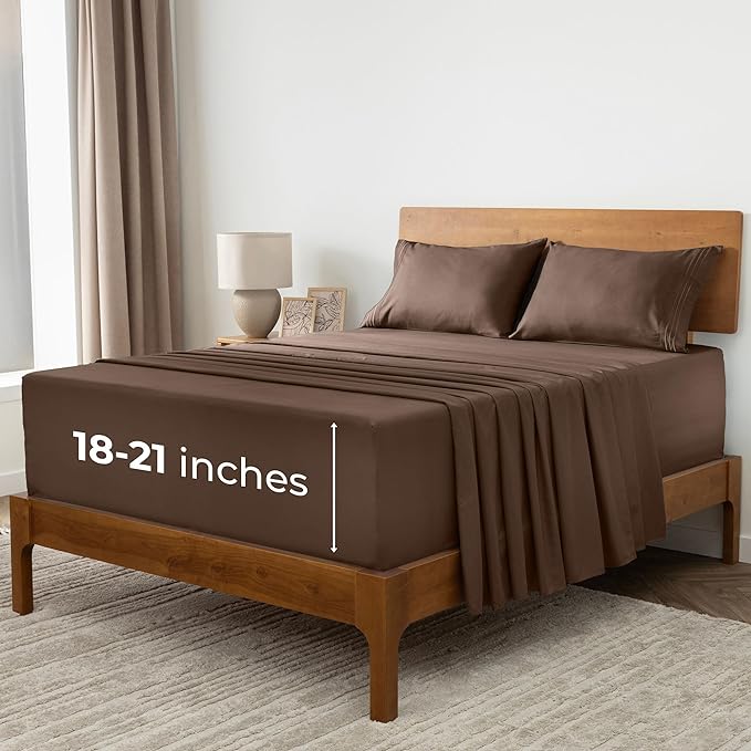 Mellanni Extra Deep California King Sheets - 4 PC Iconic Collection Bedding Sheets & Pillowcases - Hotel Luxury, Ultra Soft, Cooling Bed Sheets - Extra Deep Pocket up to 21 inch (Cal King, Brown) - LeafyLoom