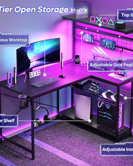 Bestier Gaming Desk with Power Outlets,42 Computer Desk with LED Lights, Reversible Corner Desk with 4-Tier Shelves,Cup Holder & Hook for Home Office,Carbon Fiber Black - LeafyLoom