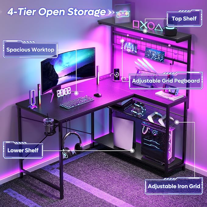 Bestier Gaming Desk with Power Outlets,42 Computer Desk with LED Lights, Reversible Corner Desk with 4-Tier Shelves,Cup Holder & Hook for Home Office,Carbon Fiber Black - LeafyLoom