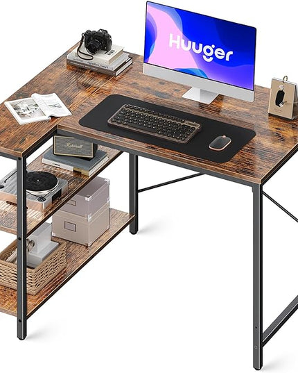L Shaped Desk, 39 Inches Computer Desk with Reversible Storage Shelves, Gaming Desk, Corner Desk Home Office Desks, Writing Desk Study Desk with Metal Frame, Rustic Brown - LeafyLoom