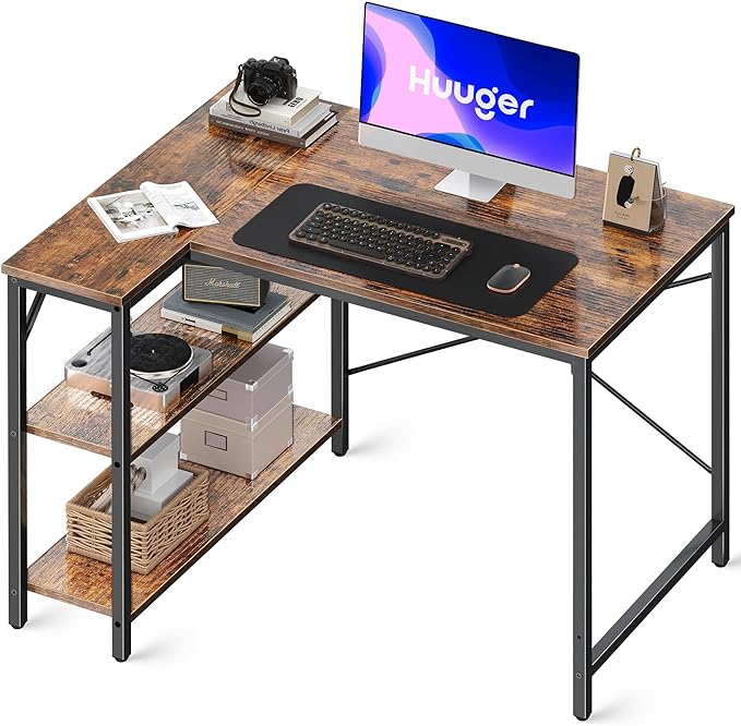L Shaped Desk, 39 Inches Computer Desk with Reversible Storage Shelves, Gaming Desk, Corner Desk Home Office Desks, Writing Desk Study Desk with Metal Frame, Rustic Brown - LeafyLoom
