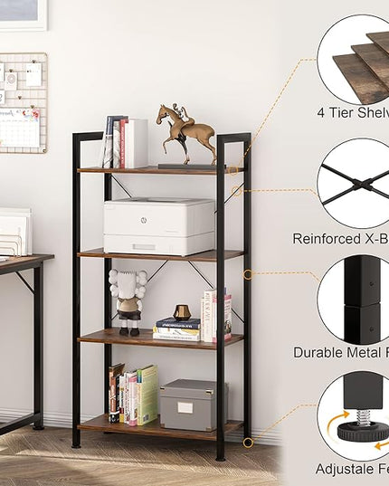 VERMESS 4-Tier Bookshelf, 24 inch Wood Bookcase with Open Shelves, Rustic Brown Book Shelf Storage Shelving Unit, Industrial Standing Bookshelves Metal Frame Display Rack for Living Room, Bedroom - LeafyLoom