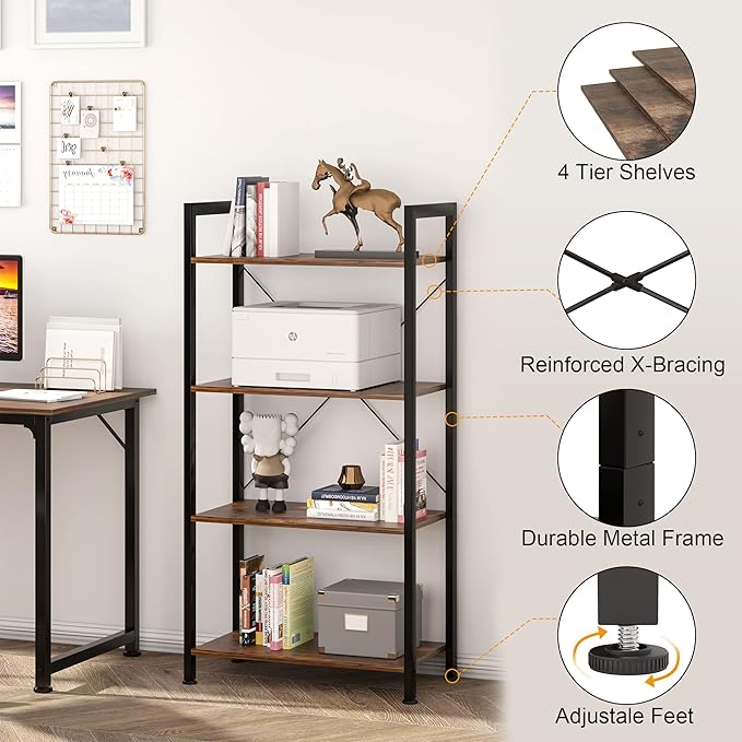 VERMESS 4-Tier Bookshelf, 24 inch Wood Bookcase with Open Shelves, Rustic Brown Book Shelf Storage Shelving Unit, Industrial Standing Bookshelves Metal Frame Display Rack for Living Room, Bedroom - LeafyLoom