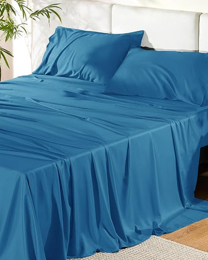 Bedsure King Size Sheet Set, Cooling Sheets King, Rayon Derived from Bamboo, Deep Pocket Up to 16", Breathable & Soft Bed Sheets, Hotel Luxury Silky Bedding Sheets & Pillowcases, Bluejay - LeafyLoom
