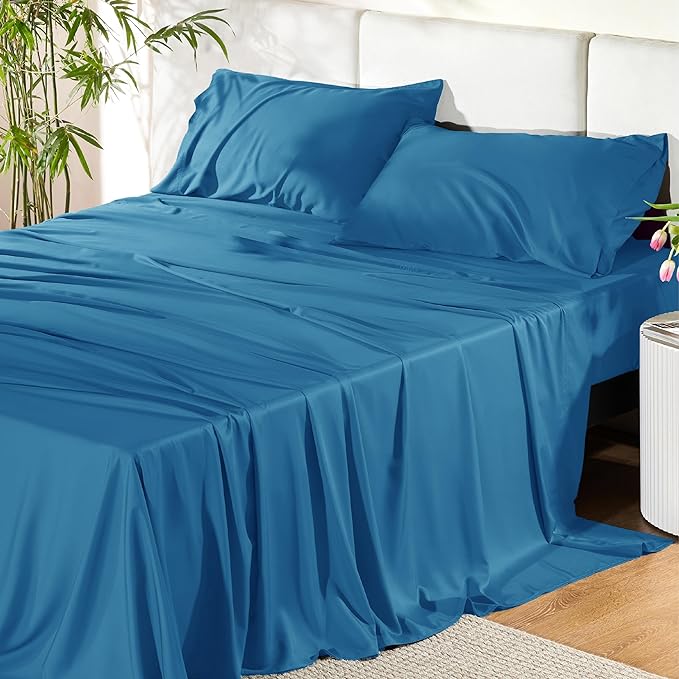 Bedsure King Size Sheet Set, Cooling Sheets King, Rayon Derived from Bamboo, Deep Pocket Up to 16", Breathable & Soft Bed Sheets, Hotel Luxury Silky Bedding Sheets & Pillowcases, Bluejay - LeafyLoom